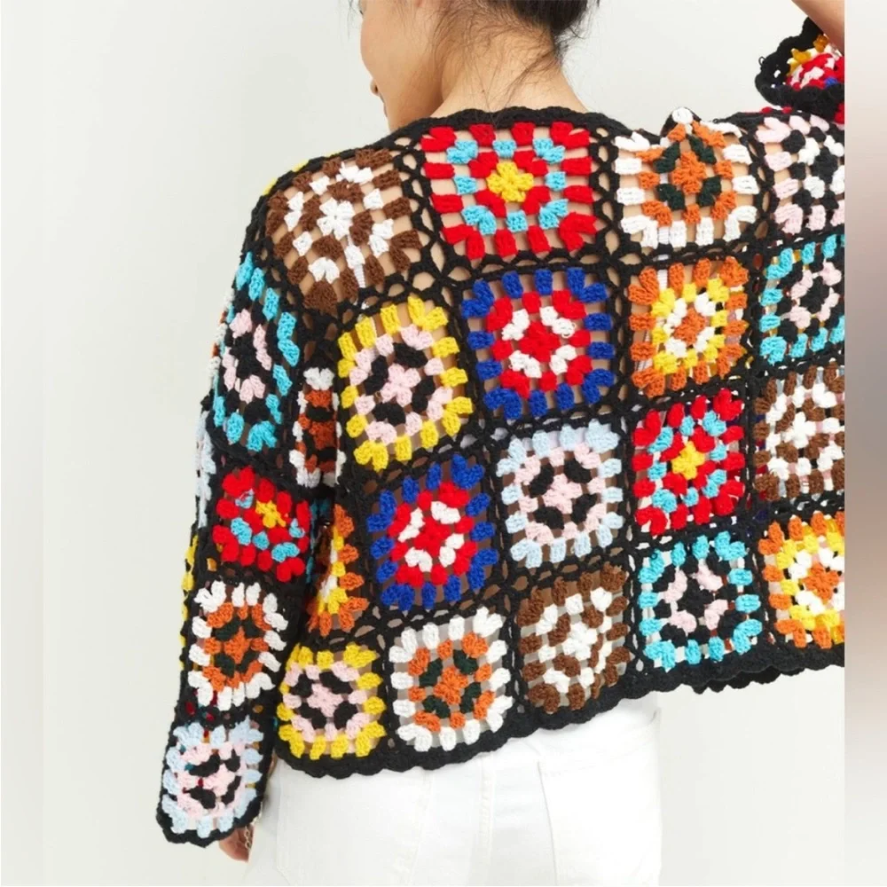 NWT BY ANTHROPOLOGIE Colorblocked Granny Square Crochet Cardigan Black One Size - Picture 2 of 12